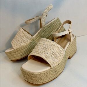 Boho Espadrille Platform Wedge Sandals Cream Ankle Strap Summer Vacation Size 9